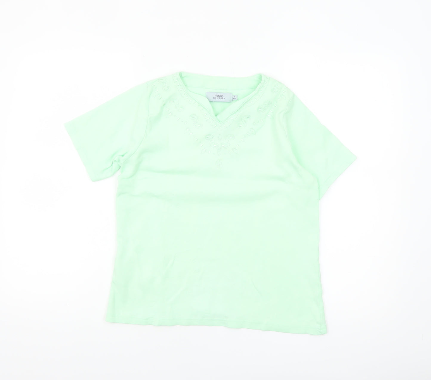 Honor Millburn Women's Green Embroidered V-Neck Cotton T-Shirt Size S