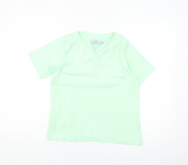 Honor Millburn Women's Green Embroidered V-Neck Cotton T-Shirt Size S