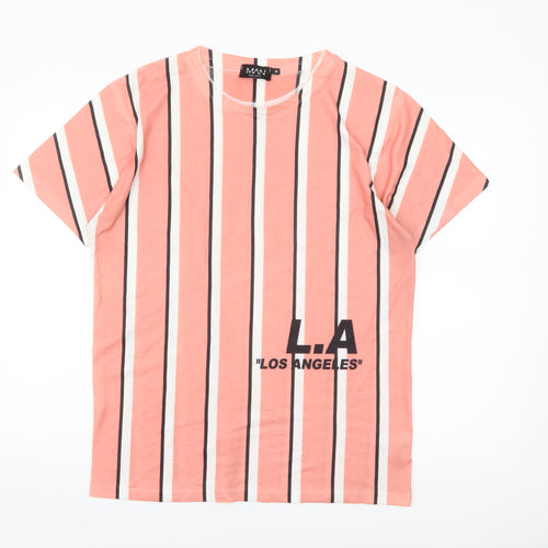 boohooMAN Men's Coral Striped LA Graphic T-Shirt Size M Polyester Crew Neck