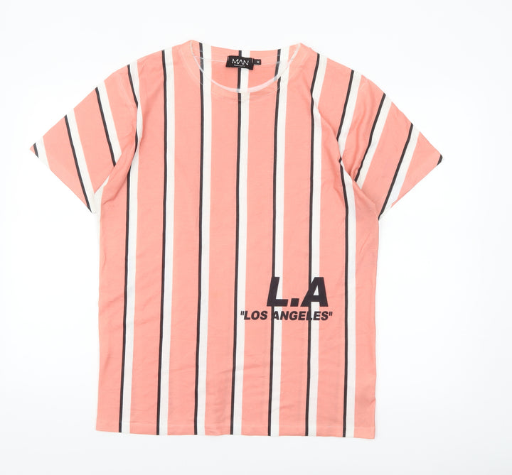 boohooMAN Men's Coral Striped LA Graphic T-Shirt Size M Polyester Crew Neck