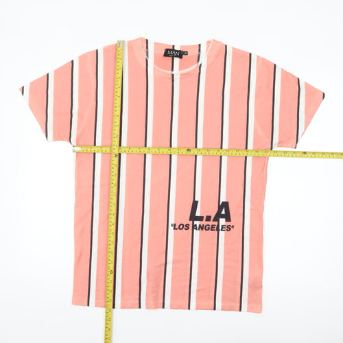 boohooMAN Men's Coral Striped LA Graphic T-Shirt Size M Polyester Crew Neck