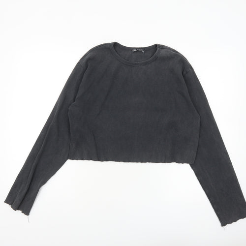 Zara Women Black Cropped Long Sleeve Ribbed Cotton Top Size 14