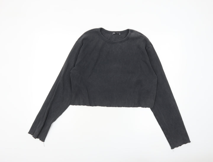 Zara Women Black Cropped Long Sleeve Ribbed Cotton Top Size 14