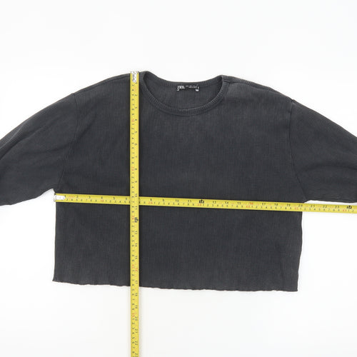 Zara Women Black Cropped Long Sleeve Ribbed Cotton Top Size 14