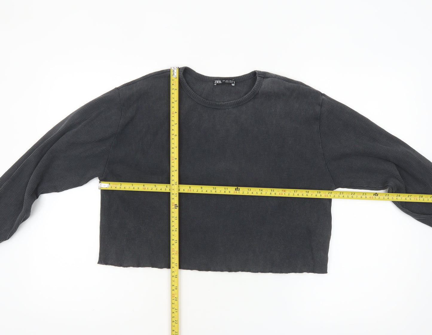 Zara Women Black Cropped Long Sleeve Ribbed Cotton Top Size 14