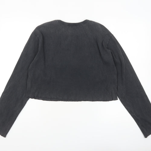Zara Women Black Cropped Long Sleeve Ribbed Cotton Top Size 14