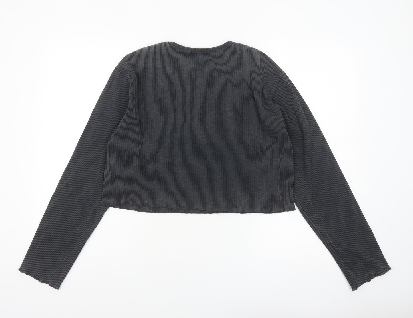 Zara Women Black Cropped Long Sleeve Ribbed Cotton Top Size 14