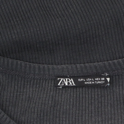 Zara Women Black Cropped Long Sleeve Ribbed Cotton Top Size 14