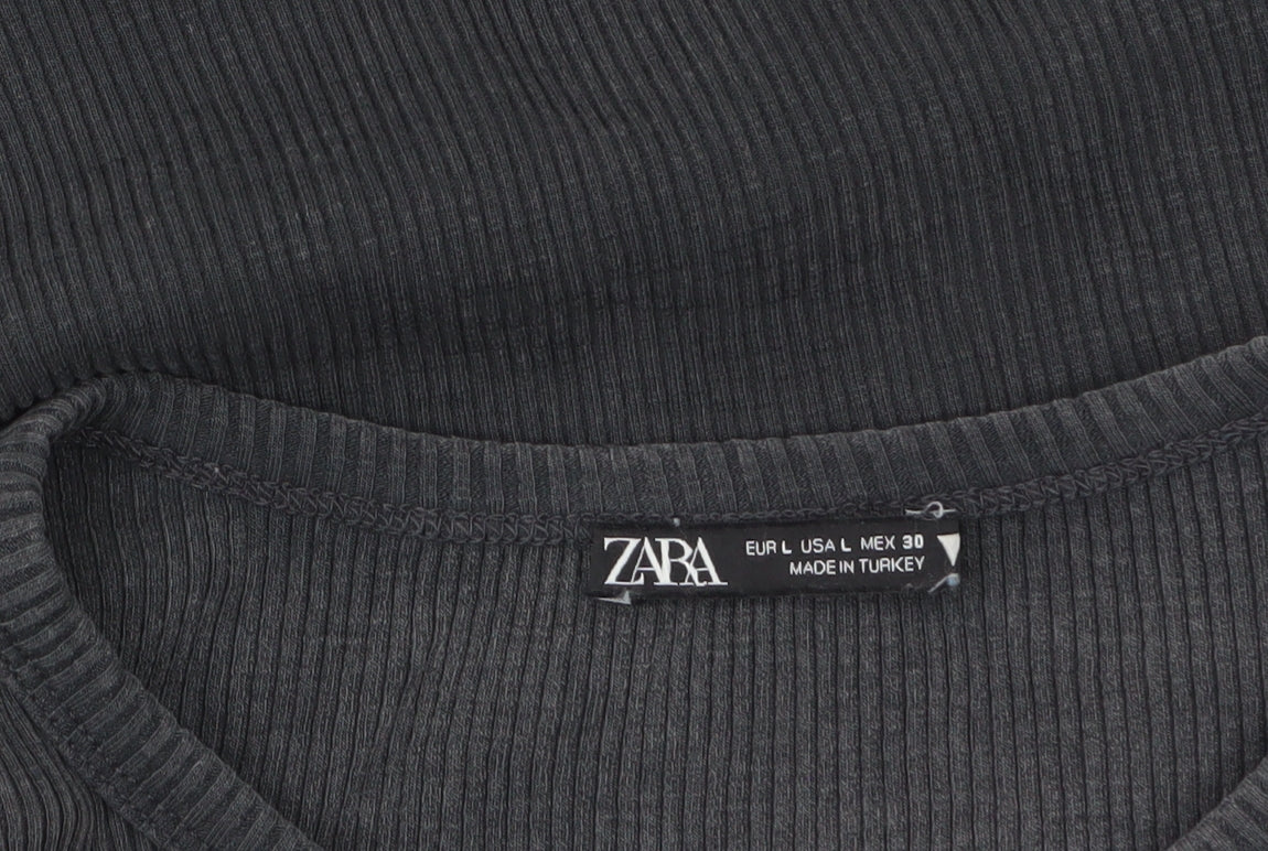 Zara Women Black Cropped Long Sleeve Ribbed Cotton Top Size 14