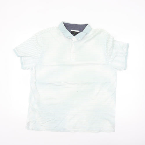 Jasper Conran Men's Blue Striped Button-Down Cotton Polo Shirt L