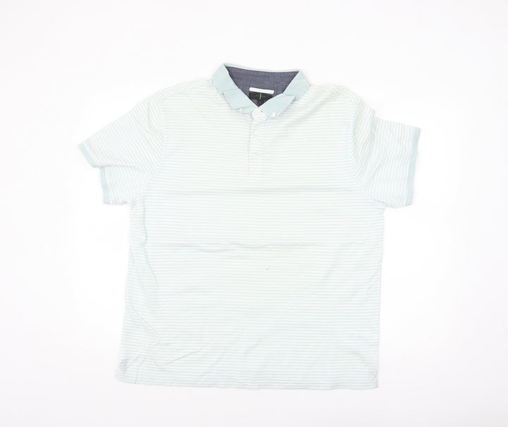 Jasper Conran Men's Blue Striped Button-Down Cotton Polo Shirt L