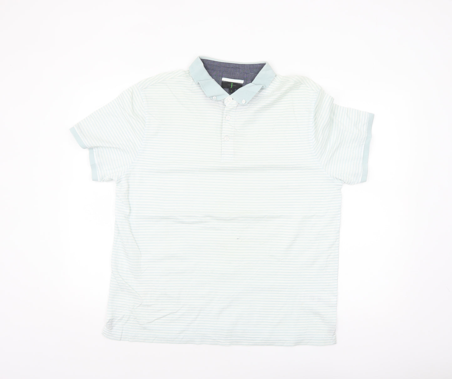 Jasper Conran Men's Blue Striped Button-Down Cotton Polo Shirt L