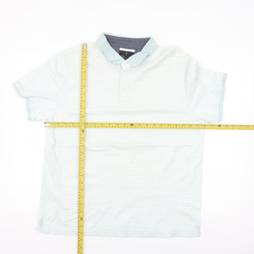 Jasper Conran Men's Blue Striped Button-Down Cotton Polo Shirt L