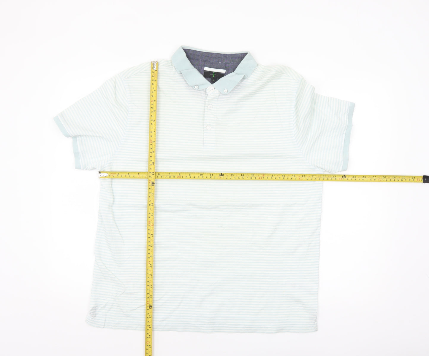 Jasper Conran Men's Blue Striped Button-Down Cotton Polo Shirt L