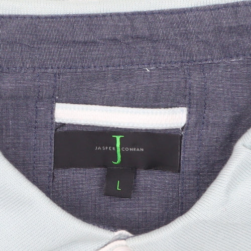 Jasper Conran Men's Blue Striped Button-Down Cotton Polo Shirt L