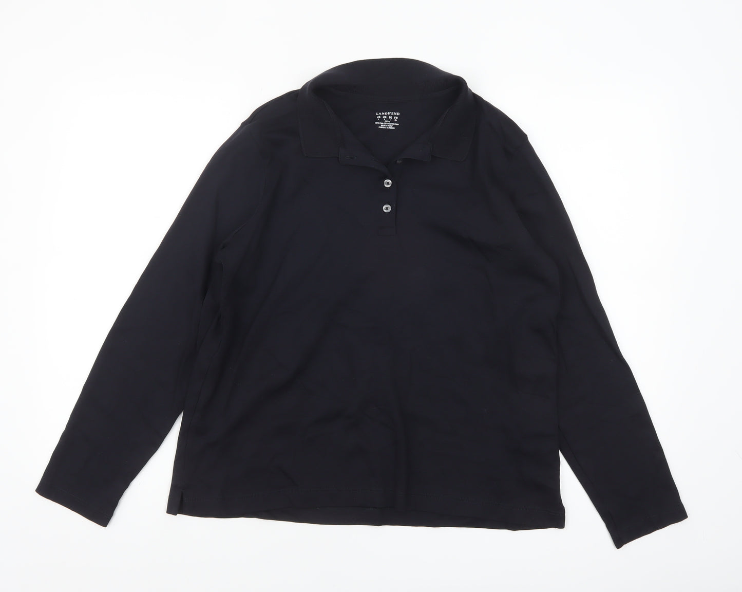 Lands' End Women's Black Long Sleeve Polo Shirt Size L Petite 100% Cotton
