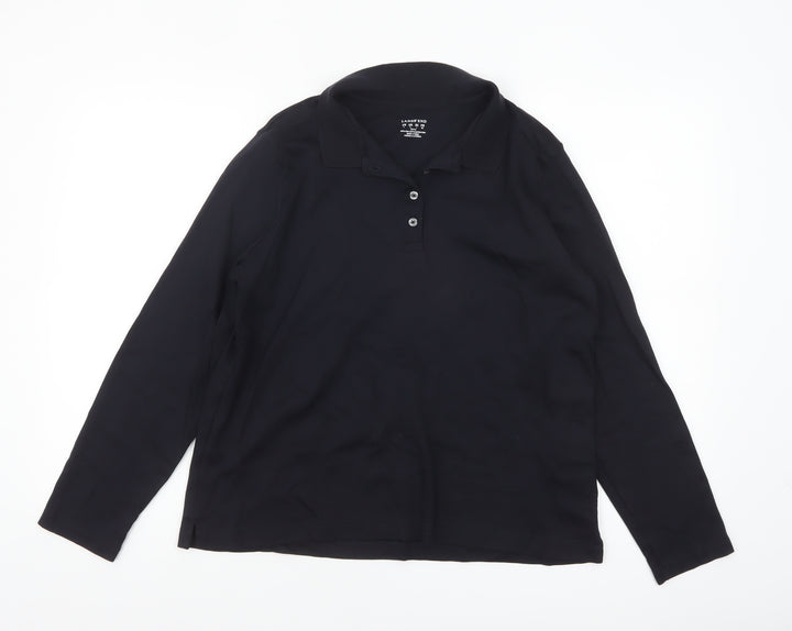 Lands' End Women's Black Long Sleeve Polo Shirt Size L Petite 100% Cotton