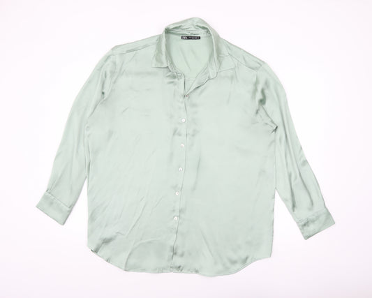 Zara Women Green Satin Button-Up Shirt Size 14 Long Sleeve