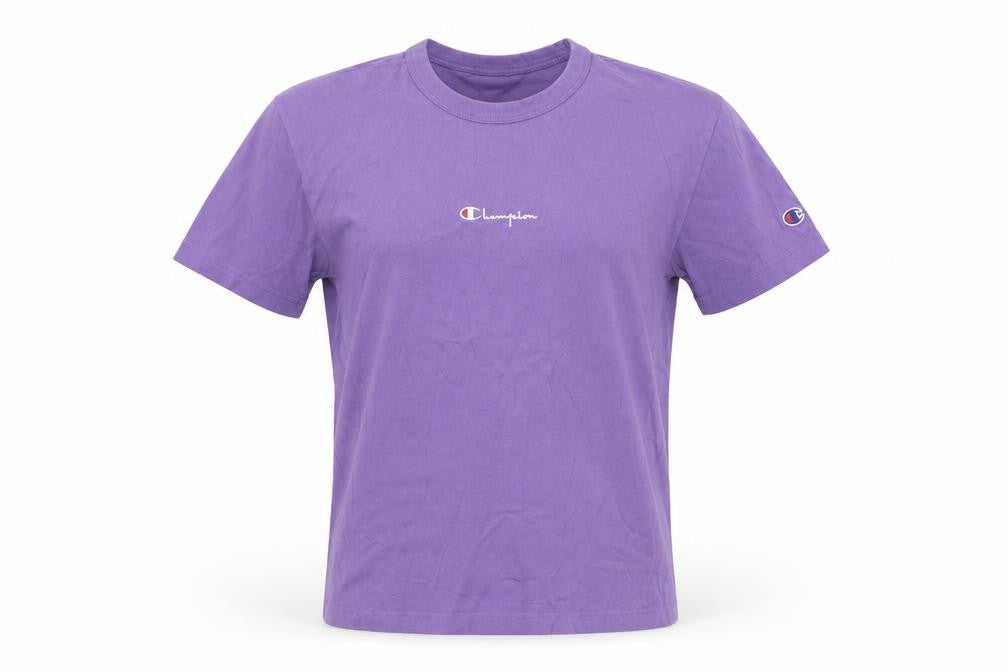 Front view of Champion women’s purple small basic cotton t-shirt