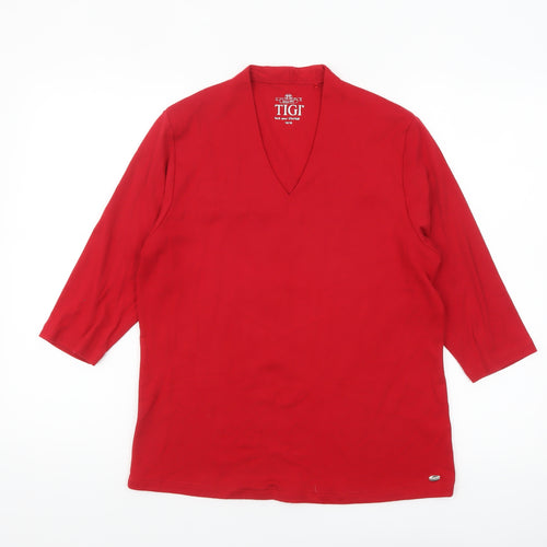 TIGI Women Red V-Neck 3/4 Sleeve Jersey T-Shirt Size 14