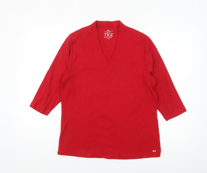 TIGI Women Red V-Neck 3/4 Sleeve Jersey T-Shirt Size 14