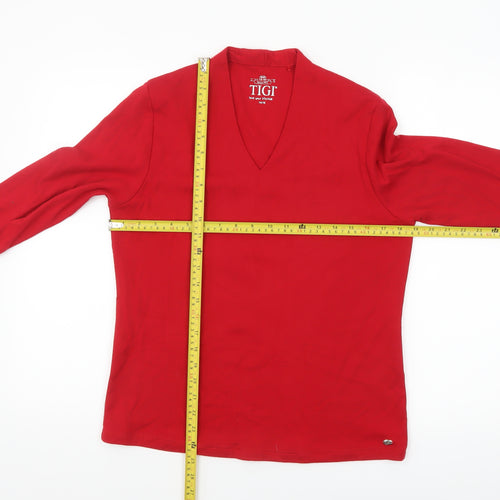 TIGI Women Red V-Neck 3/4 Sleeve Jersey T-Shirt Size 14