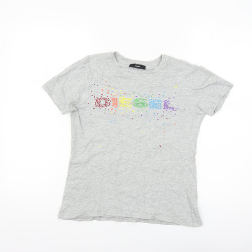 Diesel Women's Grey Cotton Rainbow Logo T-Shirt Size S