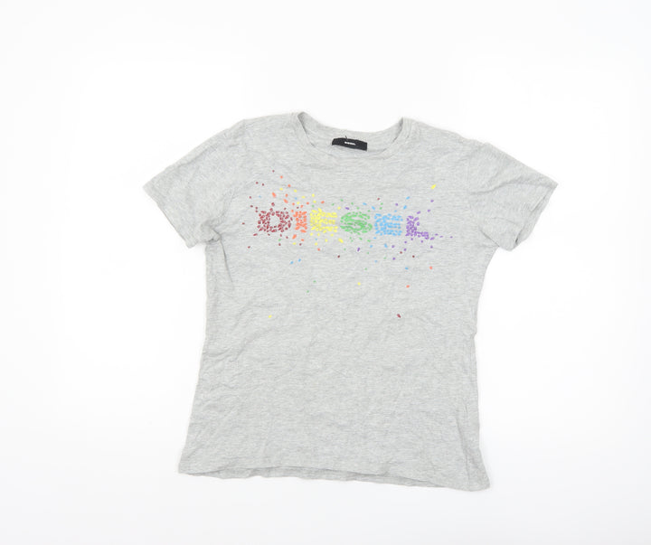 Diesel Women's Grey Cotton Rainbow Logo T-Shirt Size S