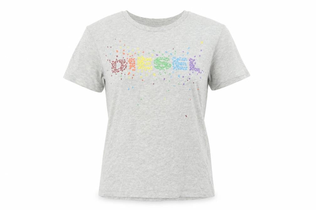 Front view of Diesel Women's Grey Cotton Rainbow Logo T-Shirt, size S