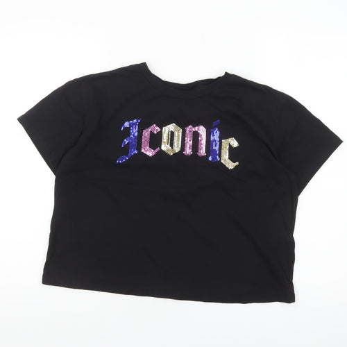 H&M Divided Women’s Black Sequin Iconic Cropped T-Shirt Size 14