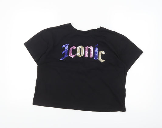 H&M Divided Women’s Black Sequin Iconic Cropped T-Shirt Size 14