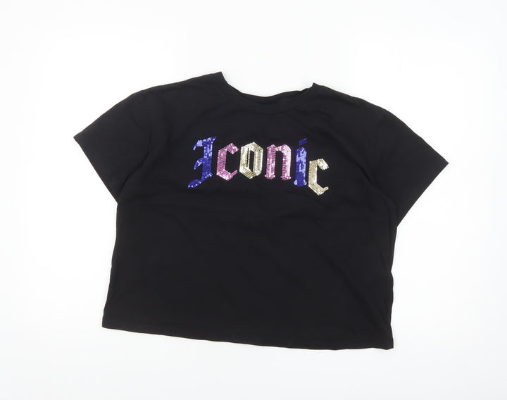 H&M Divided Women’s Black Sequin Iconic Cropped T-Shirt Size 14