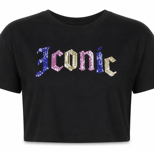 H&M Divided Women’s Black Sequin Iconic Cropped T-Shirt Size 14