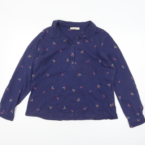 WoolOvers Women's Navy Blue Floral Embroidered Long Sleeve Polo Shirt M