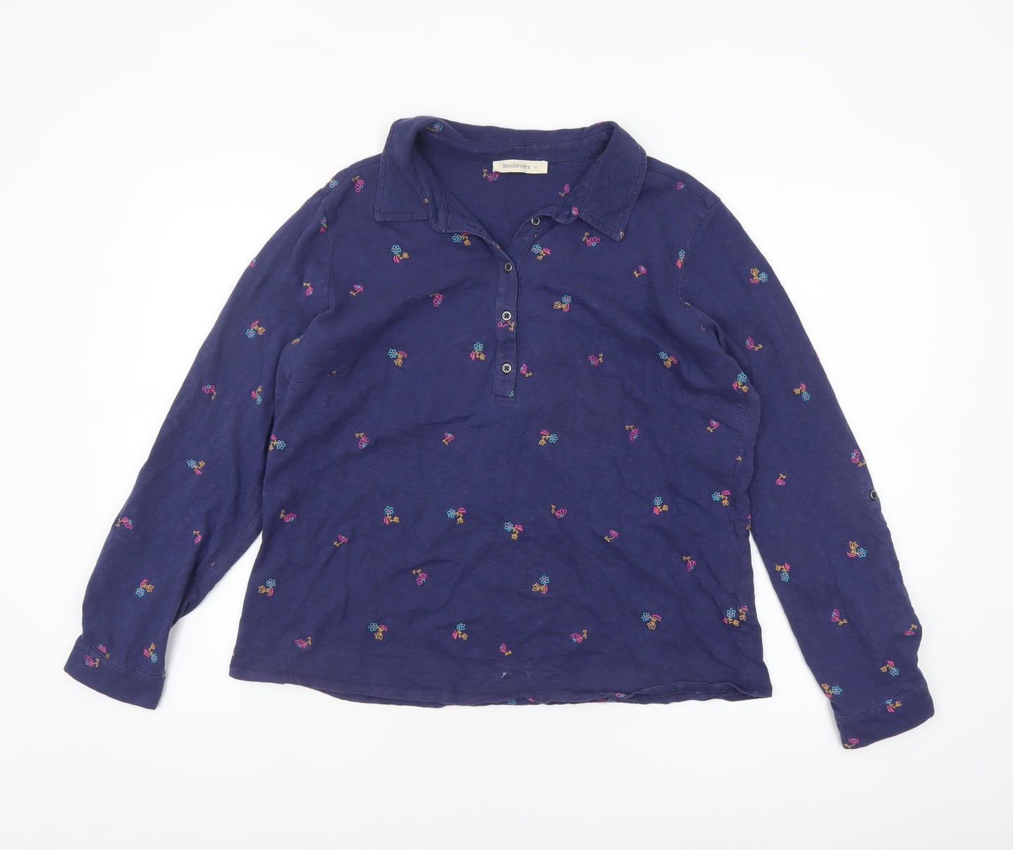 WoolOvers Women's Navy Blue Floral Embroidered Long Sleeve Polo Shirt M