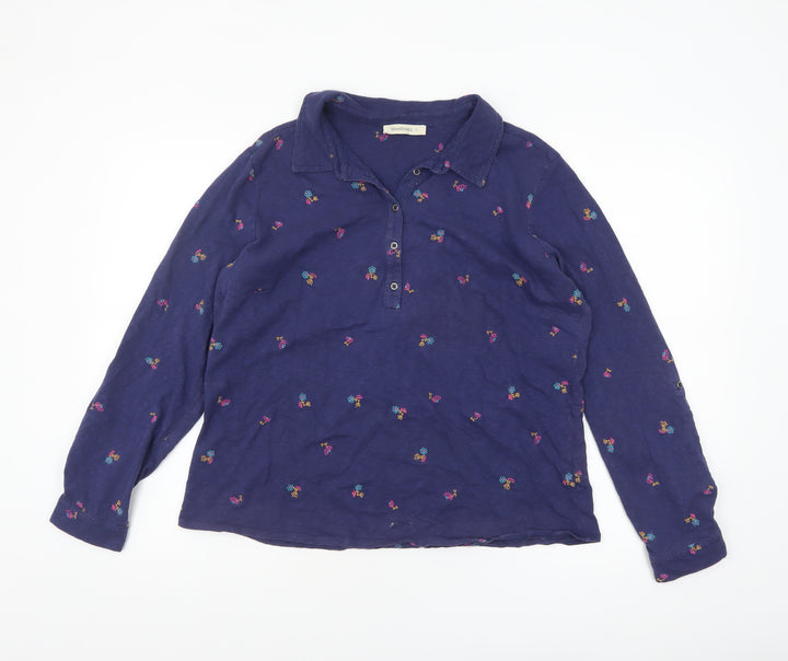 WoolOvers Women's Navy Blue Floral Embroidered Long Sleeve Polo Shirt M