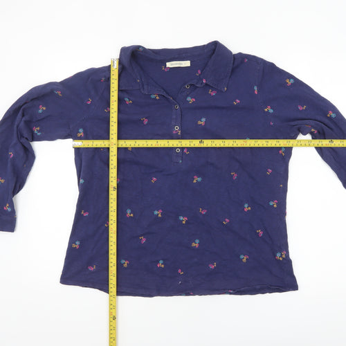 WoolOvers Women's Navy Blue Floral Embroidered Long Sleeve Polo Shirt M