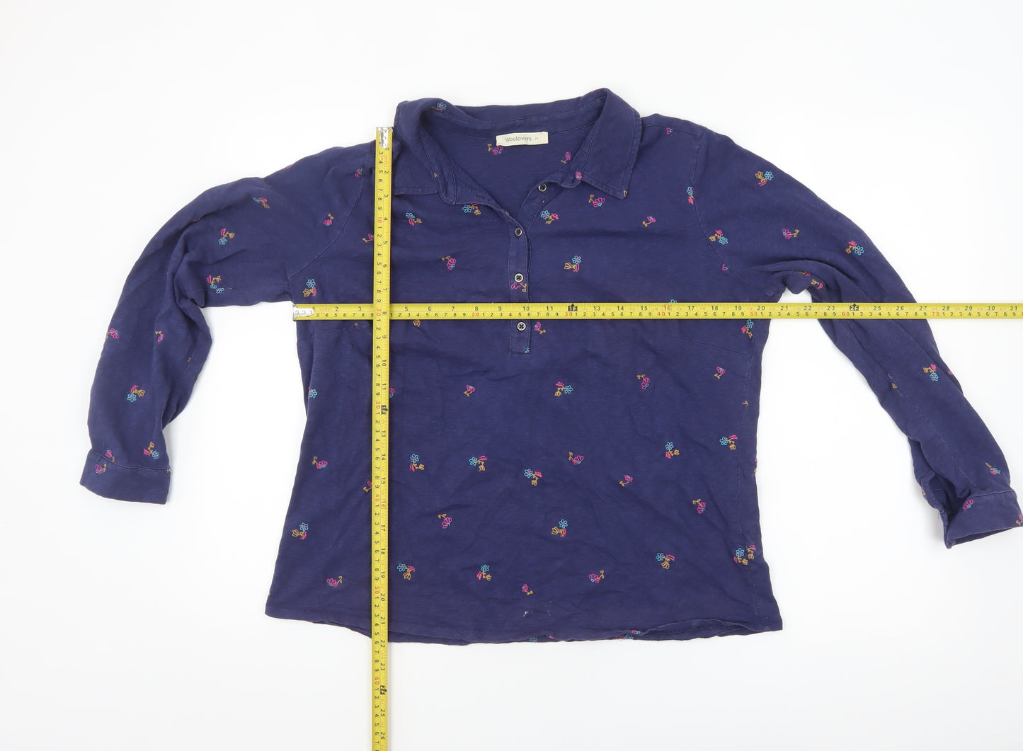 WoolOvers Women's Navy Blue Floral Embroidered Long Sleeve Polo Shirt M