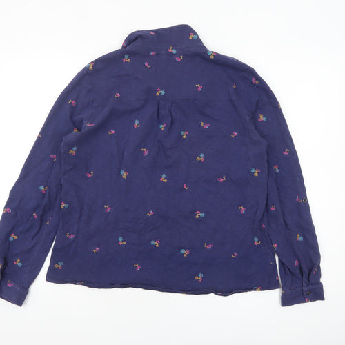 WoolOvers Women's Navy Blue Floral Embroidered Long Sleeve Polo Shirt M