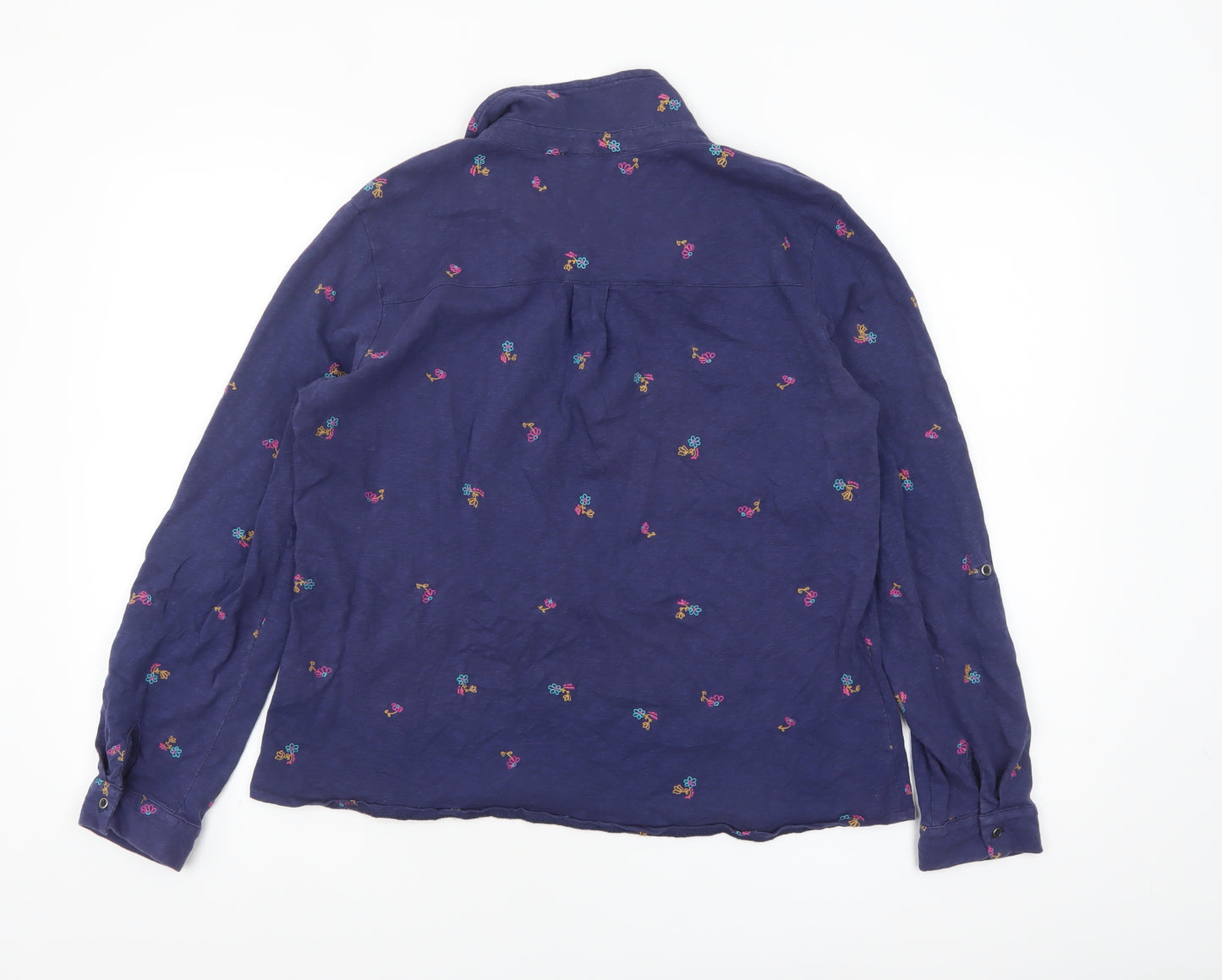 WoolOvers Women's Navy Blue Floral Embroidered Long Sleeve Polo Shirt M