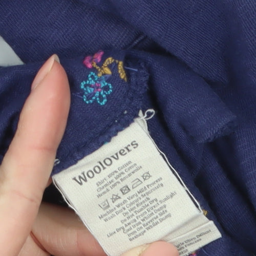 WoolOvers Women's Navy Blue Floral Embroidered Long Sleeve Polo Shirt M