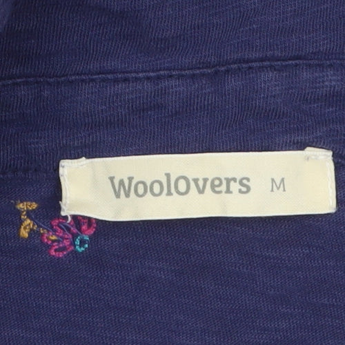 WoolOvers Women's Navy Blue Floral Embroidered Long Sleeve Polo Shirt M