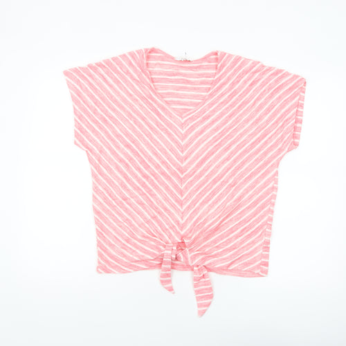 Cotton Traders Women's Pink Striped Tie Front Cropped V-Neck T-Shirt Size 12