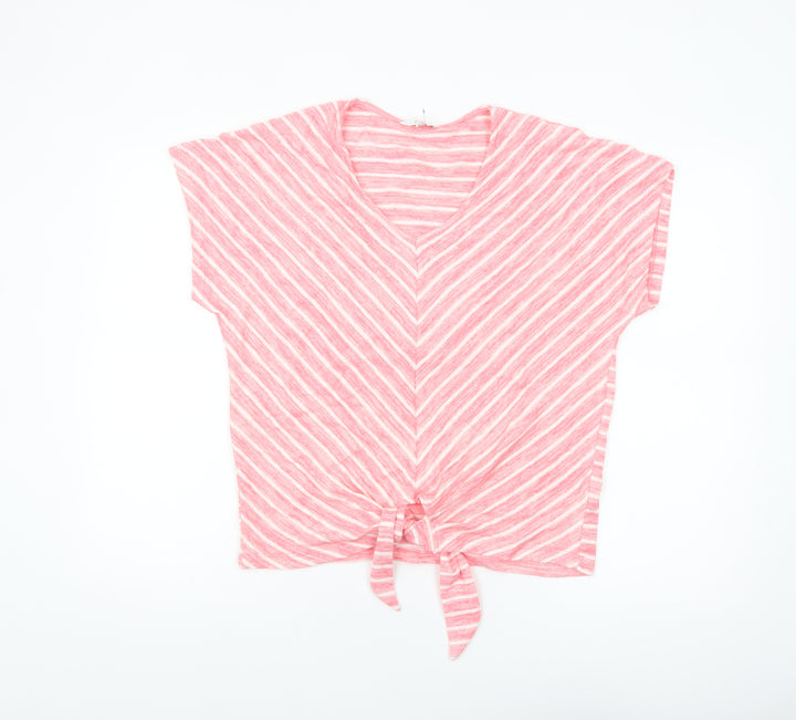 Cotton Traders Women's Pink Striped Tie Front Cropped V-Neck T-Shirt Size 12
