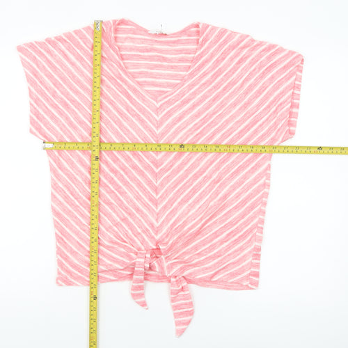 Cotton Traders Women's Pink Striped Tie Front Cropped V-Neck T-Shirt Size 12