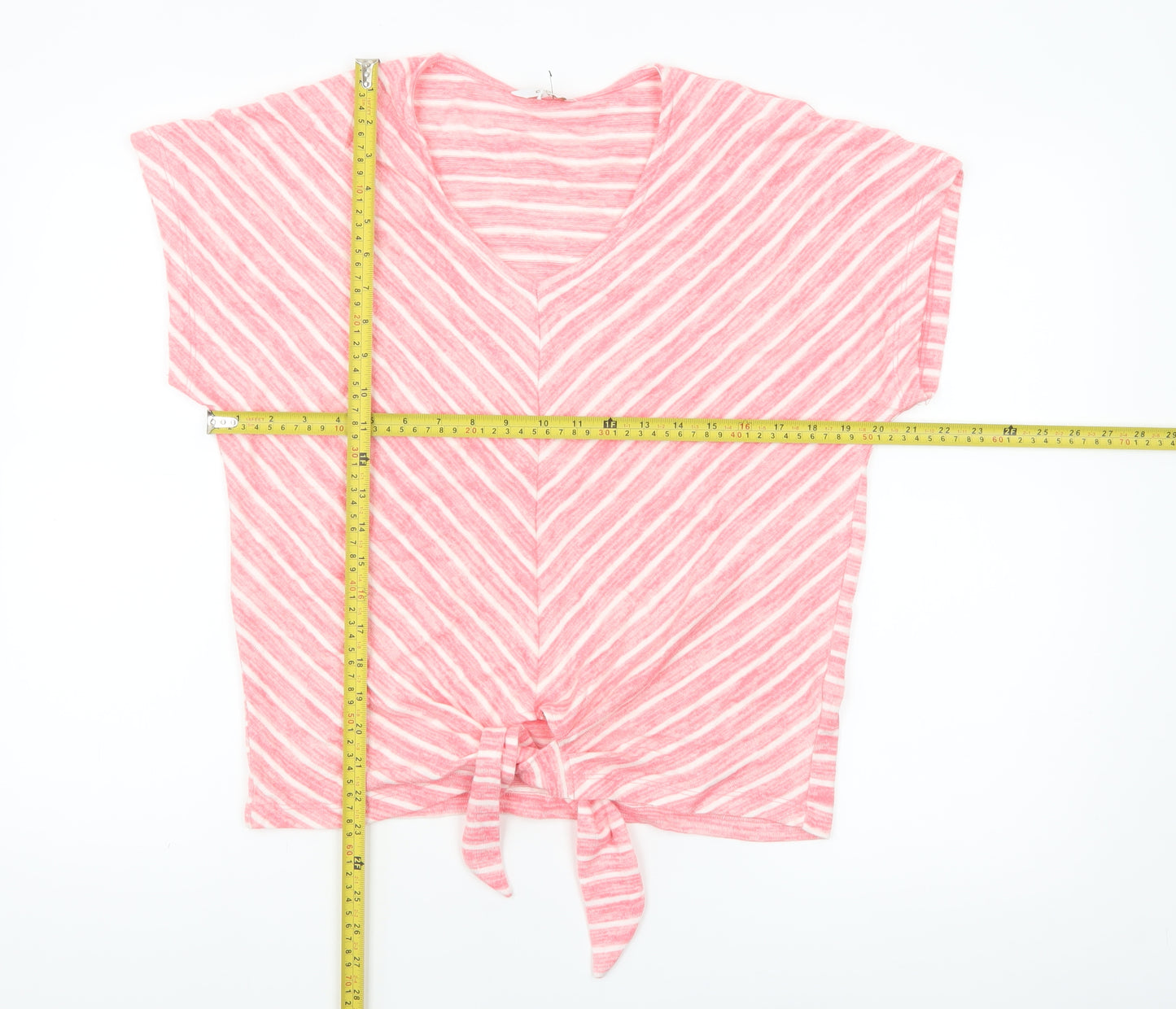 Cotton Traders Women's Pink Striped Tie Front Cropped V-Neck T-Shirt Size 12