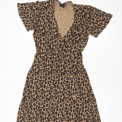 Next Women’s Brown Leopard Print Wrap Dress Size 8 Short Sleeve