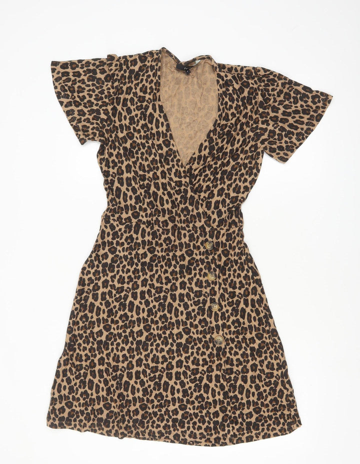 Next Women’s Brown Leopard Print Wrap Dress Size 8 Short Sleeve