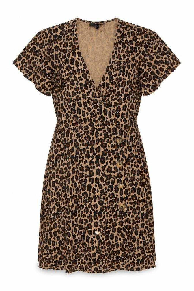 Front view of Next Women’s Brown Leopard Print Wrap Dress, size UK 8, Short Sleeve