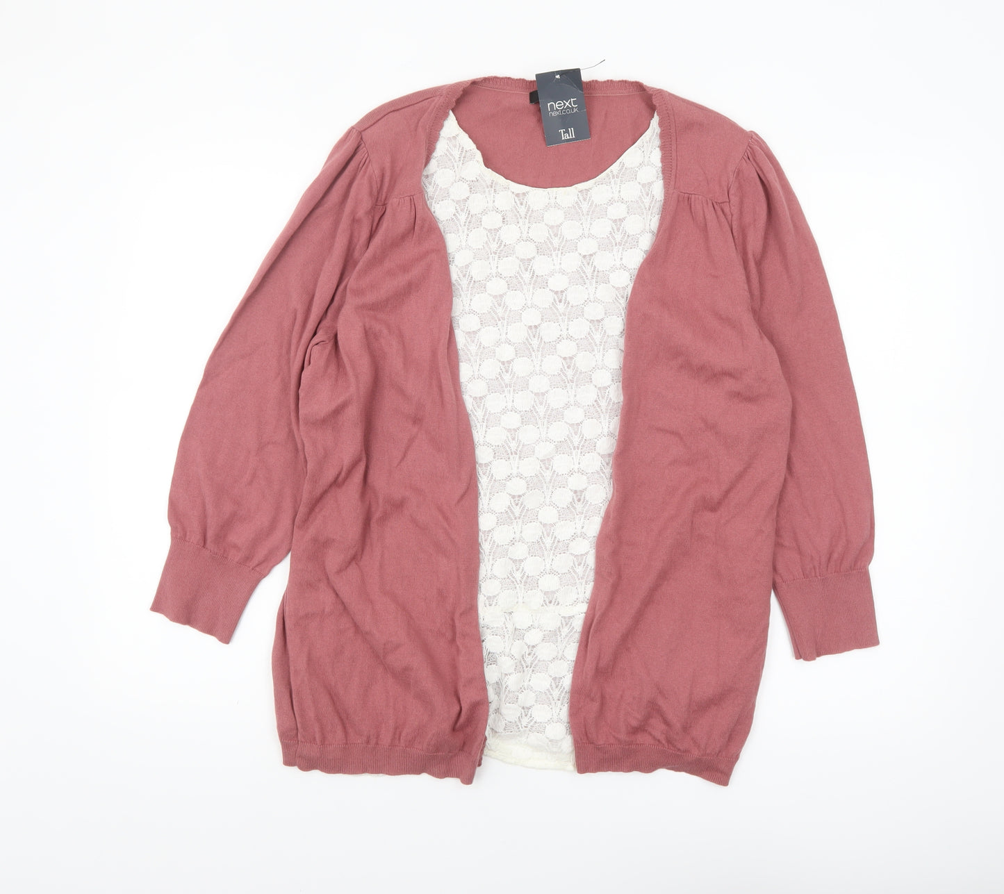 Next Women Tall Pink Lace Panel Cotton Cardigan Size 16